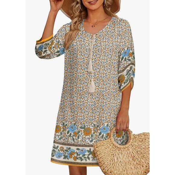 HALIFE Bohemian Ethnic Summer Beach Dress Boho Cover Up Short Floral Flowy XL - Picture 1 of 12